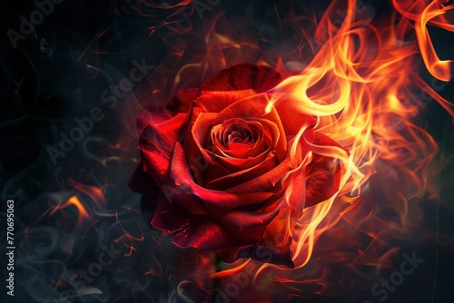 Red rose flower on fire dark background