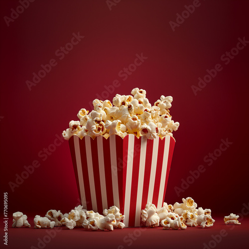 Popcorn on red background close-up and copy space