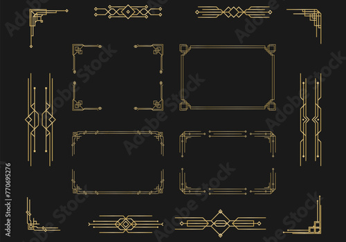 Set of Art deco black calligraphy page dividers. Patterns, ornaments in art deco style. 1920s vintage gold dividers, retro header graphic elements, flourishes vignettes decoration for design. Vector. 