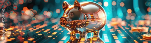 Virtual piggy bank filling with digital coins, closeup, tech concept of saving, abstract background photo