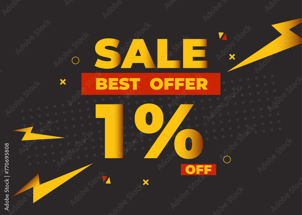 1% off sale best offer. Sale banner with one percent of discount, coupon or voucher vector illustration. Yellow and red template for campaign or promotion.