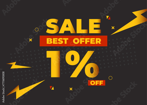 1% off sale best offer. Sale banner with one percent of discount, coupon or voucher vector illustration. Yellow and red template for campaign or promotion.