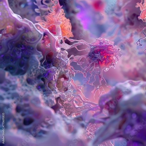 Virtual biology scene, close-up, vivid detail, expansive negative space
