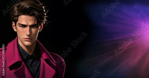 Stylish animated male character with modern hairstyle in a pink suit against a vivid black and purple background with light rays, ideal for digital art concepts