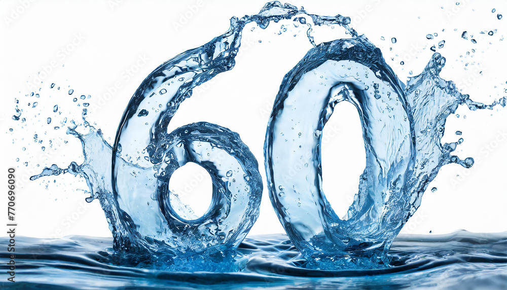 Number 60 made of water with splashes on white background. Blue liquid figure. 3D rendering. Number 60 made of water with splashes on white background. Blue liquid figure. 3D rendering.