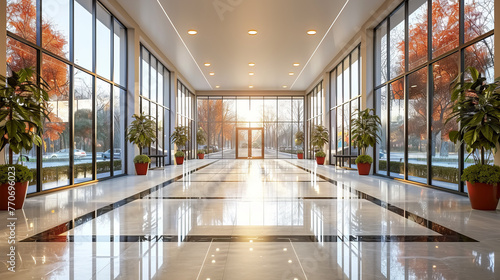 A beautiful modern spacious office hall with panoramic windows and a perspective in pleasant orange and blue tone