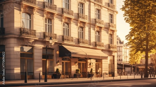 Beige Awnings and Golden Sunlight on an Elegant Hotel Facade © JIALU