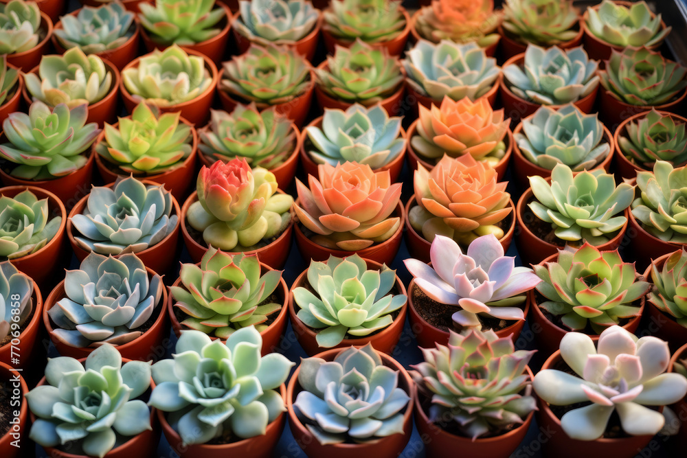 succulents in a greenhouse in clay pots are arranged in rows on a wooden surface.