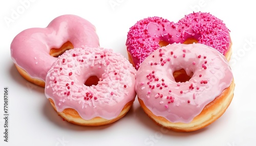 Heart shaped pink donuts with topping isolated on white background © Rogoz