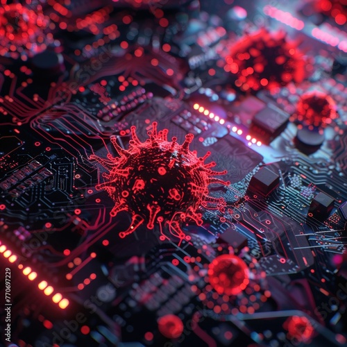 Macro lens on antivirus battle screen, malware repelled, urgent hijack alerts, cool neon backlight