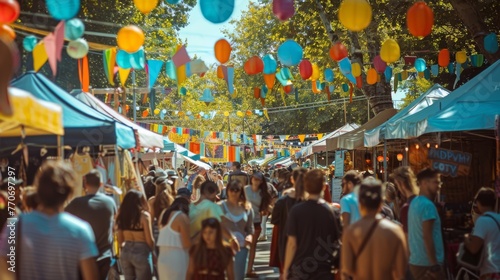 Dynamic photo of a summer street festival, capturing performers, food stalls, and the crowd enjoying the vibrant atmosphere, colorful and lively