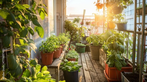 A sunny balcony garden thrives with an array of potted plants and herbs, showcasing urban agriculture and self-sufficiency in a city setting.