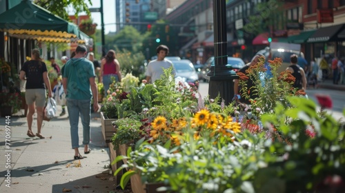 A vibrant street-level flower market bustles with activity, providing a refreshing splash of nature in the urban environment.