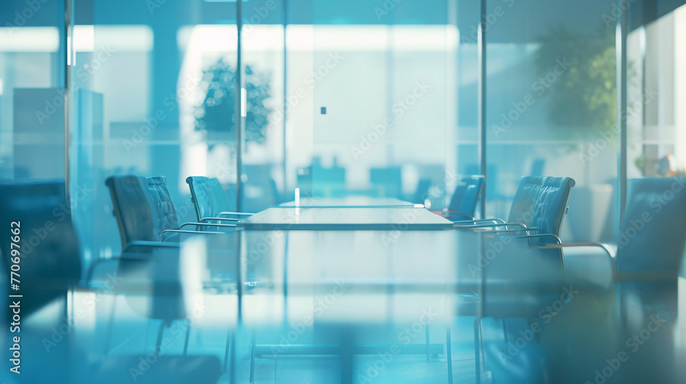 A defocused scene of modern business office interior room for background in business concepts. Meeting room. Corporate business office. Blur light blue background of modern executive office interior.