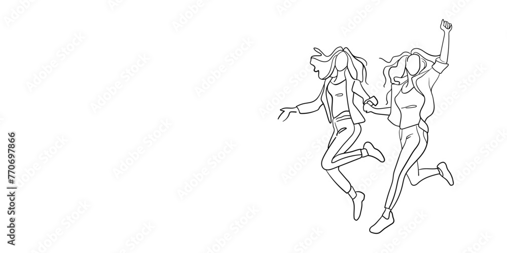 Fototapeta premium Two happy girlfriends jumping continuous line art drawing isolated on white background. Jumping girls line art. Vector illustration