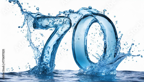 Number 70 made of water with splashes on white background. Blue liquid figure. 3D rendering.