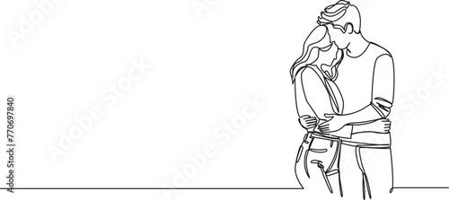 continuous single line drawing of man and woman tenderly embracing each other, line art vector illustration