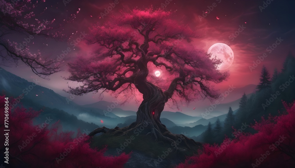 A captivating image of a mystical forest bathed in the eerie light of a crimson moon, highlighting a majestic tree with blossoms that seem to dance with ethereal radiance against a backdrop of misty m