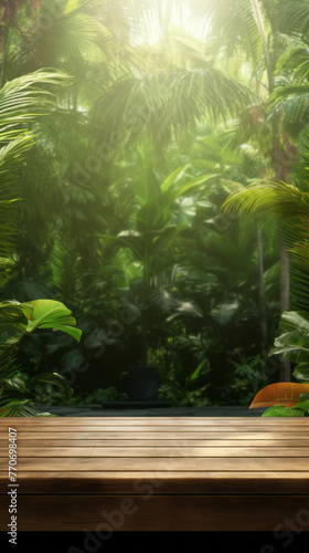 An outdoor table with a wooden frame sits against a jungle background  sunrays shining upon it  reflecting a vibrant and lively forestpunk style.