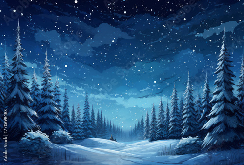 A snowy landscape at night is full of conifers and lights, creating spectacular backdrops in sky-blue. photo