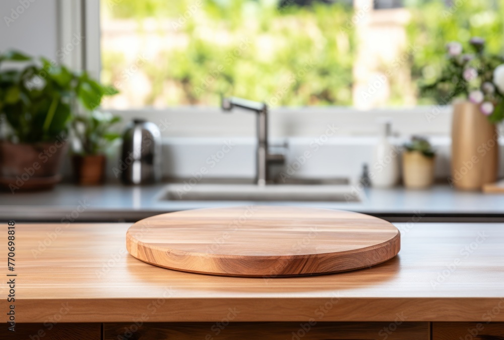 A wooden board sits on the countertop, its circular shapes, soft edges, blurred details, and exacting precision apparent. A wooden board sits on the countertop, its circular shapes, soft edges, blurred details, and exacting precision apparent.