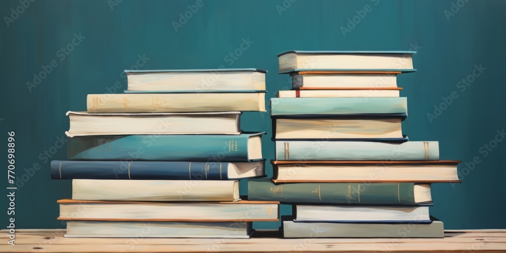 A stack of books rests on a wooden surface with a blue background, their large-scale arrangement poignant in teal and beige. A stack of books rests on a wooden surface with a blue background, their large-scale arrangement poignant in teal and beige.