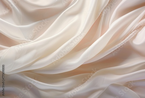 A white silk fabric has many folds, its soft femininity, shiny/glossy nature, and soft and dreamy atmosphere apparent.