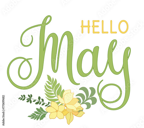 Handwritten, hello May, lettering message. Modern lettering. Hello May design for cards, banners, posters.