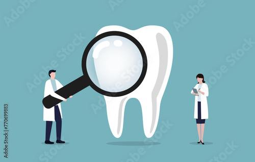 Tiny Dentists Characters Holding magnifying glass, Checking Huge Tooth. Dentistry People Working for Teeth Dental Care.