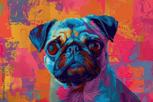 Pop art, A pugs snorts visualized as vibrant, onomatopoeic pop art text, Snorf Blerp Woof  photo