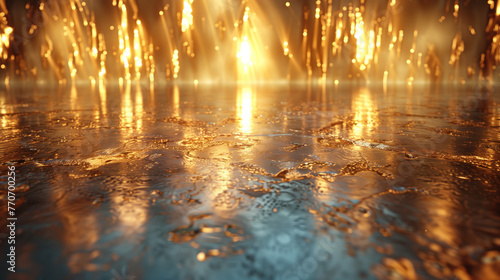 a surface covered with droplets, illuminated by a soft, golden light