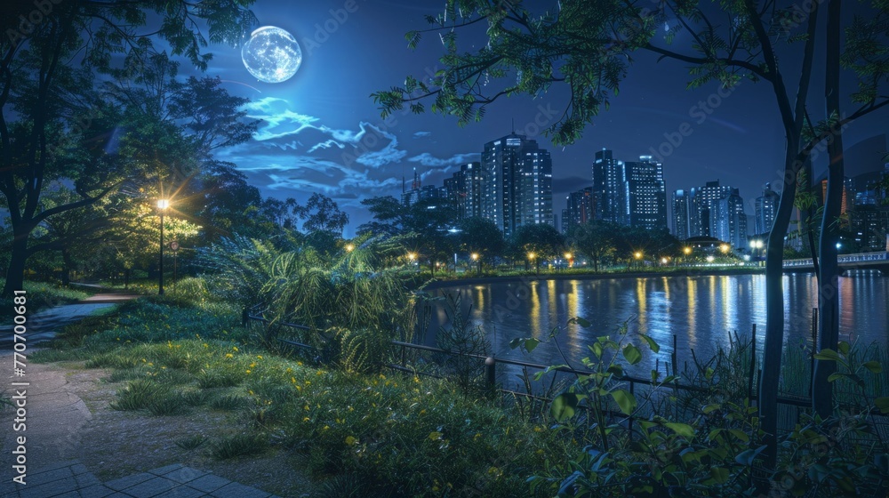Night View of City With Full Moon Night View of City With Full Moon
