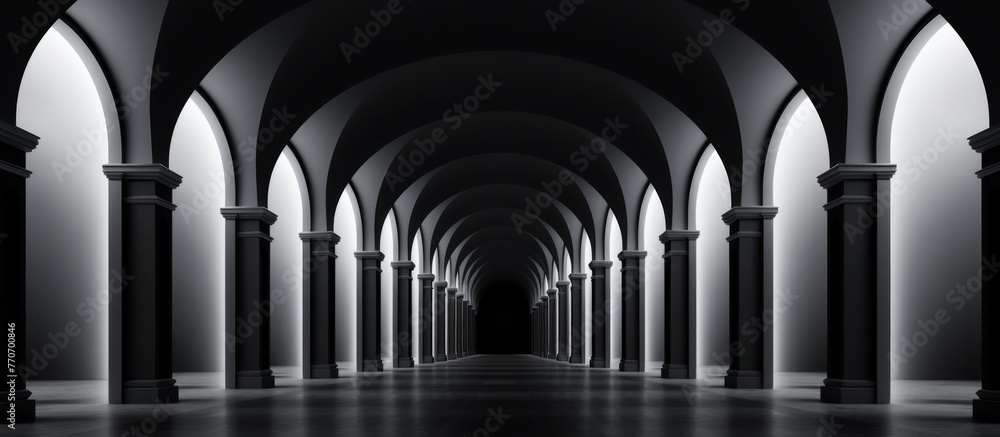 Fototapeta premium A monochrome photo of a dark hallway with black arches and columns creating a symmetrical arcade. The play of tints and shades add depth and dimension to the composite material of the vaulted ceiling