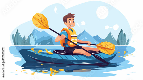 Little boy engaged in kayaking. Cheerful kid sittin