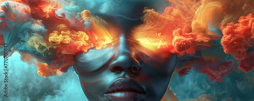 Clean depiction of a mind in creative overdrive colors bursting from the head in vivid splendor.