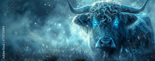 A fantasy cow with magical powers and glowing eyes, set in a mystical landscape.