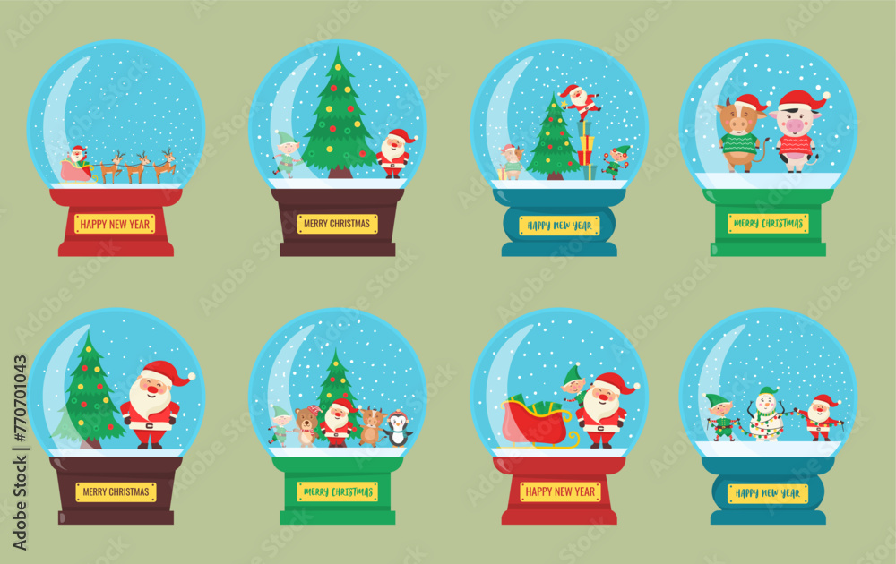 Christmas glass ball with holiday related interior in flat linear style. Souvenir snow globe with small town in winter. Christmas characters inside a snow globe. Vector illustration