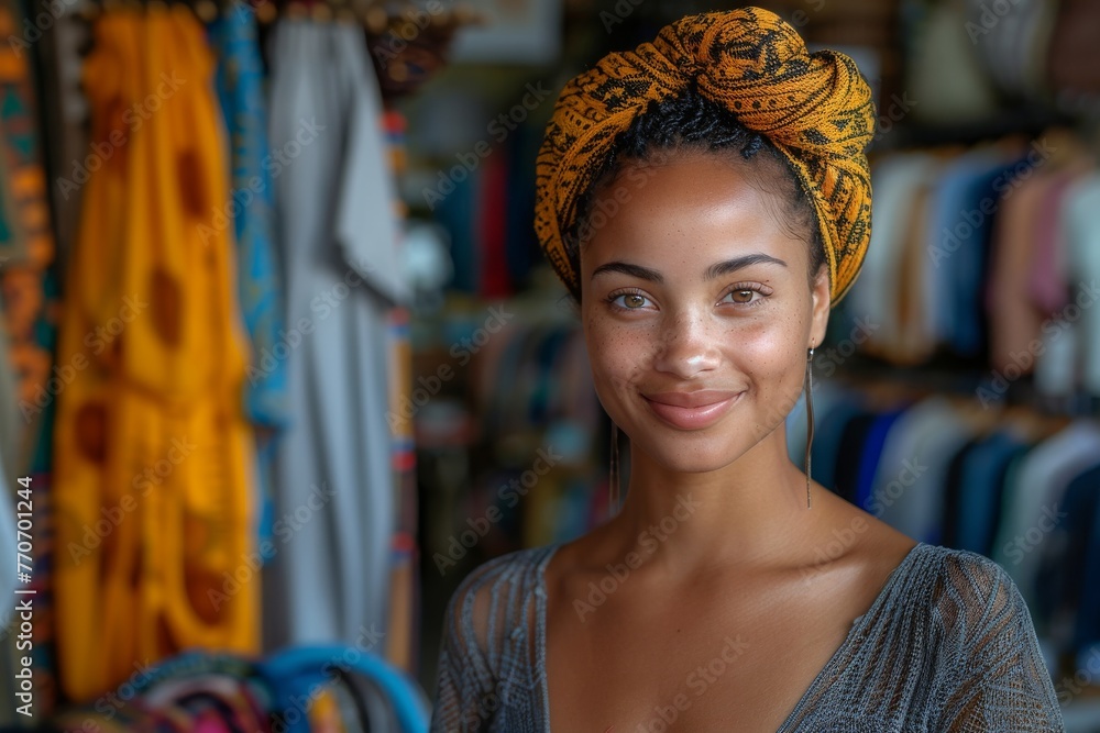 Attractive woman with a colorful headwrap in a clothing store with diverse apparel