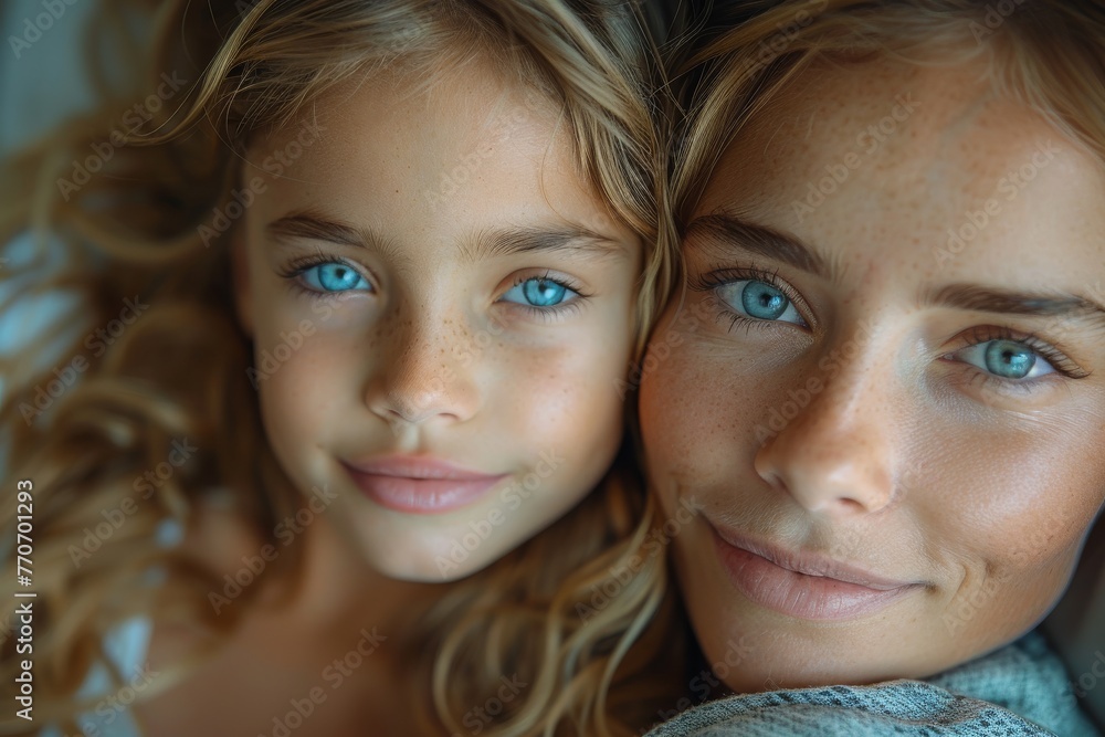 Close-up image of a mother and daughter with similar blue eyes and smiling faces Close-up image of a mother and daughter with similar blue eyes and smiling faces