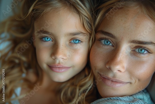 Close-up image of a mother and daughter with similar blue eyes and smiling faces © svastix