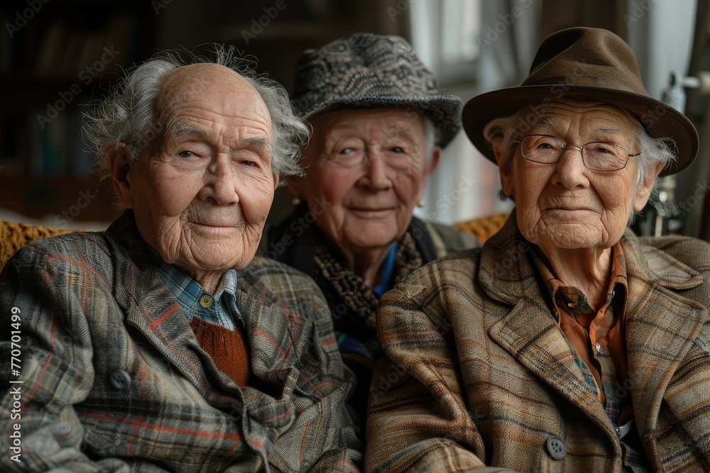A close-up portrait of three senior individuals with hats, showcasing age and friendship A close-up portrait of three senior individuals with hats, showcasing age and friendship