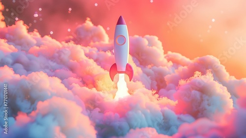 3D rocket icon setting off, on pastel nebula background, exploration theme, tranquil light photo