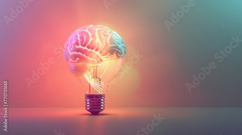 3D, brain as light bulb rays, on pastel, enlightenment illustration, soft ambient lighting