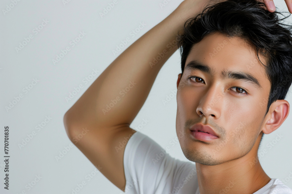 白背景でポーズをとるアジア人の男性、メンズビューティー 白背景でポーズをとるアジア人の男性、メンズビューティー