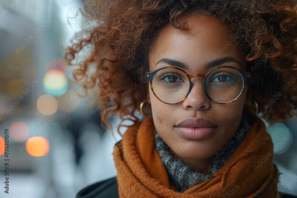 Stylish urban woman with curly hair and glasses posing in a winter city setting Stylish urban woman with curly hair and glasses posing in a winter city setting