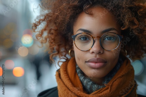 Stylish urban woman with curly hair and glasses posing in a winter city setting © svastix