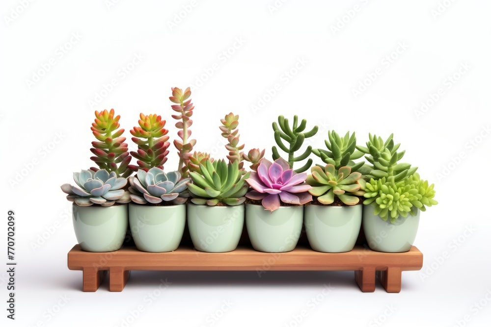 Collection of various cacti and juicy plants in various pots. Houseplants on a white background