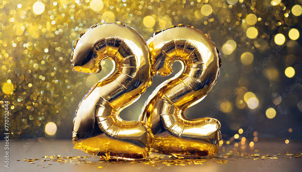Banner with number 22 golden foil balloon. Twenty two years anniversary celebration. Banner with number 22 golden foil balloon. Twenty two years anniversary celebration.