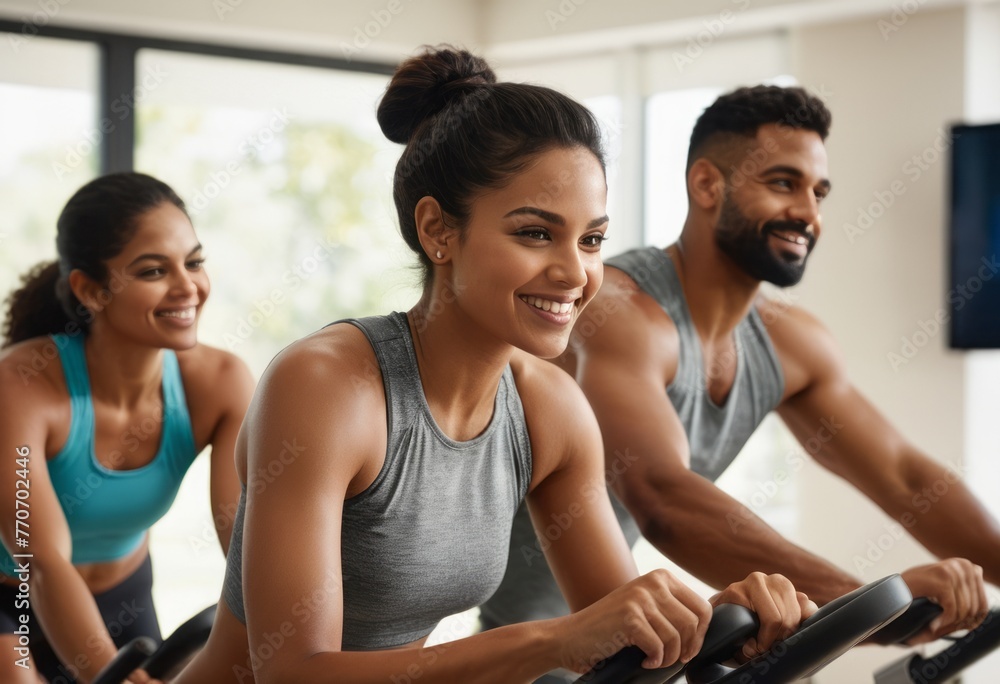 A group of people engage in a cardio workout on machines in a gym. They share the experience of a healthy lifestyle. A group of people engage in a cardio workout on machines in a gym. They share the experience of a healthy lifestyle.