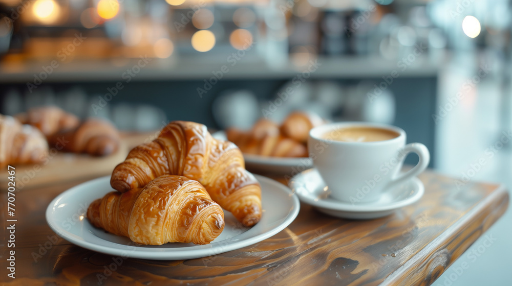 A cup of hot coffee and fresh croissants. French breakfast on a sunny day at a cafe table. Fresh pastries. A cup of hot coffee and fresh croissants. French breakfast on a sunny day at a cafe table. Fresh pastries.